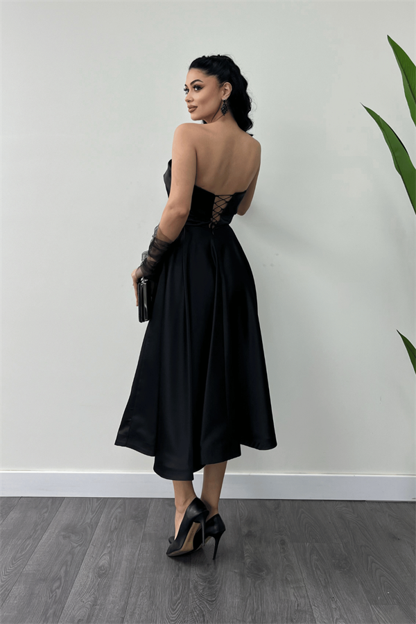 Saten Kumaş Sırt İp Detaylı Midi Elbise - SİYAH