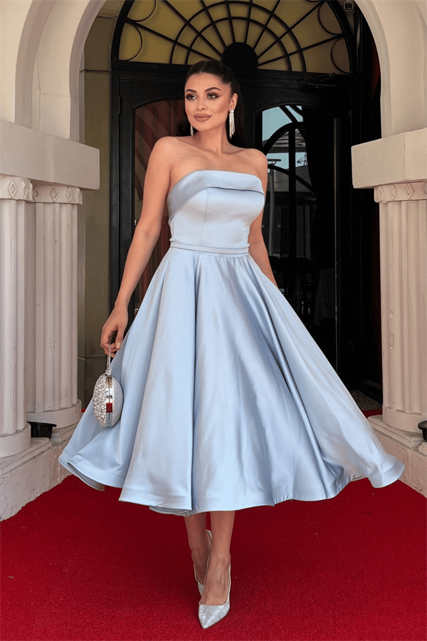 Saten Kumaş Sırt İp Detaylı Midi Elbise - BEBE MAVİSİ