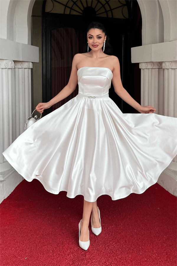 Saten Kumaş Sırt İp Detaylı Midi Elbise - BEYAZ