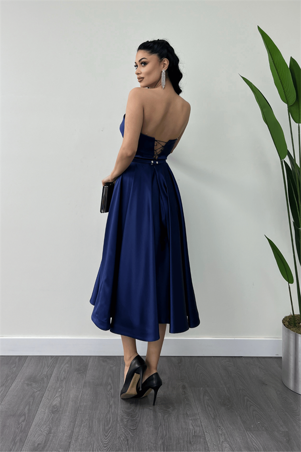 Saten Kumaş Sırt İp Detaylı Midi Elbise - LACİVERT