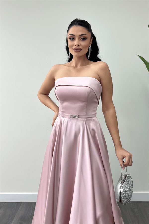 Saten Kumaş Sırt İp Detaylı Midi Elbise - PUDRA