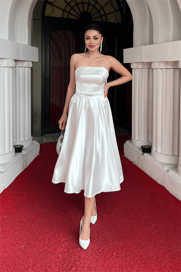 Saten Kumaş Sırt İp Detaylı Midi Elbise - BEYAZ