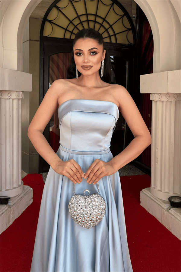 Saten Kumaş Sırt İp Detaylı Midi Elbise - BEBE MAVİSİ