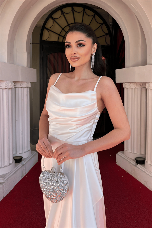 Saten Kumaş Sırtı İp Detaylı Asimetri Kesim Elbise - BEYAZ