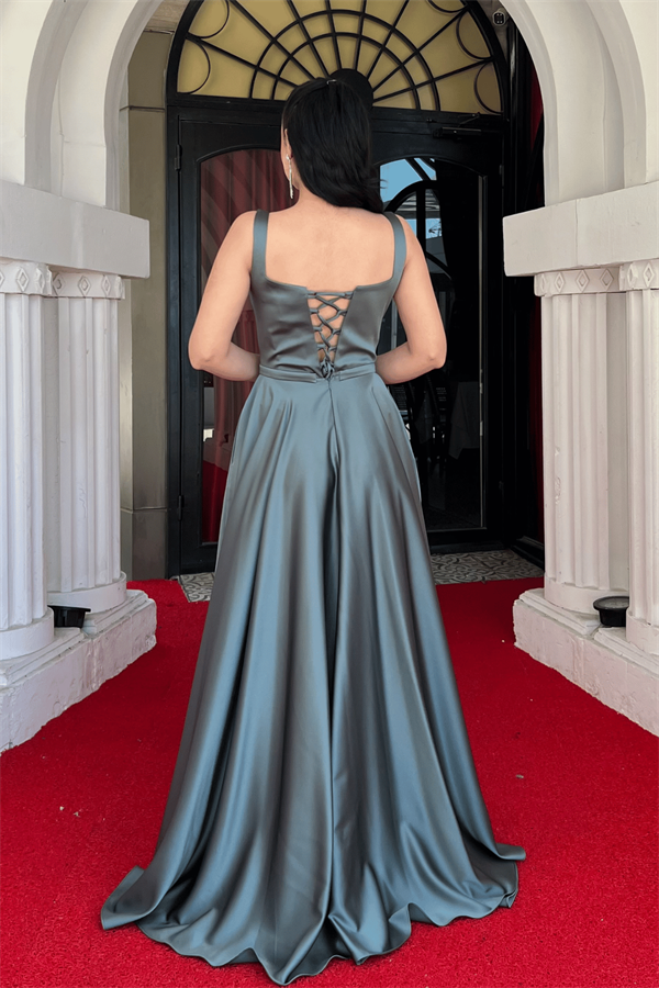 Saten Kumaş Sırtı İpli Askılı Maxi Elbise - ÇAĞLA