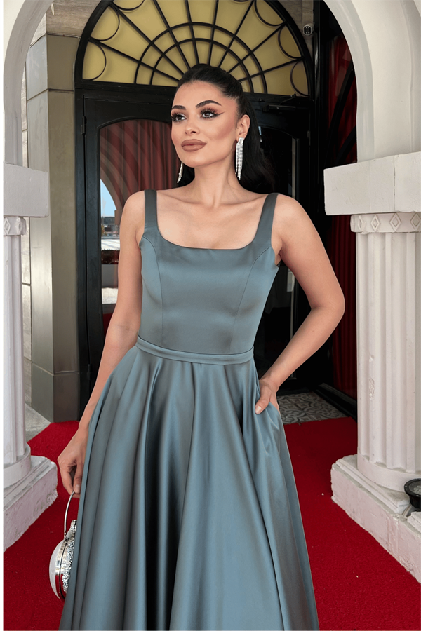 Saten Kumaş Sırtı İpli Askılı Maxi Elbise - ÇAĞLA