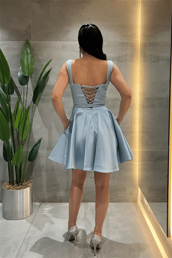 Saten Kumaş Sırtı İpli Mini Elbise - BEBE MAVİSİ