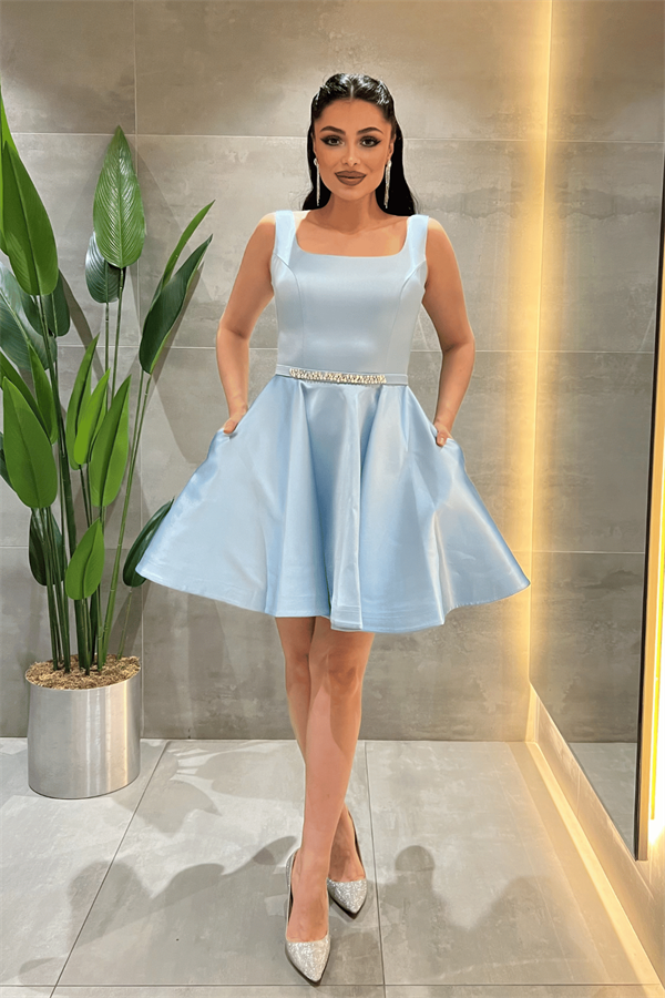 Saten Kumaş Sırtı İpli Mini Elbise - BEBE MAVİSİ