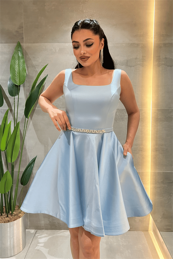 Saten Kumaş Sırtı İpli Mini Elbise - BEBE MAVİSİ