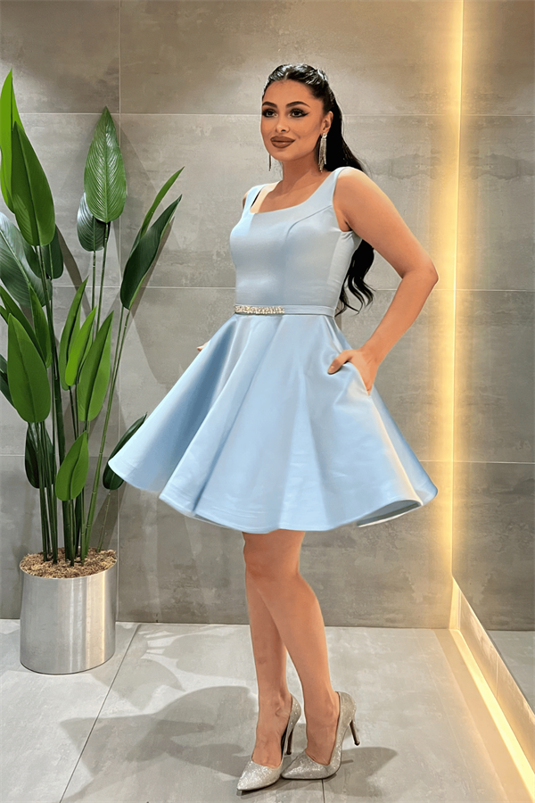 Saten Kumaş Sırtı İpli Mini Elbise - BEBE MAVİSİ