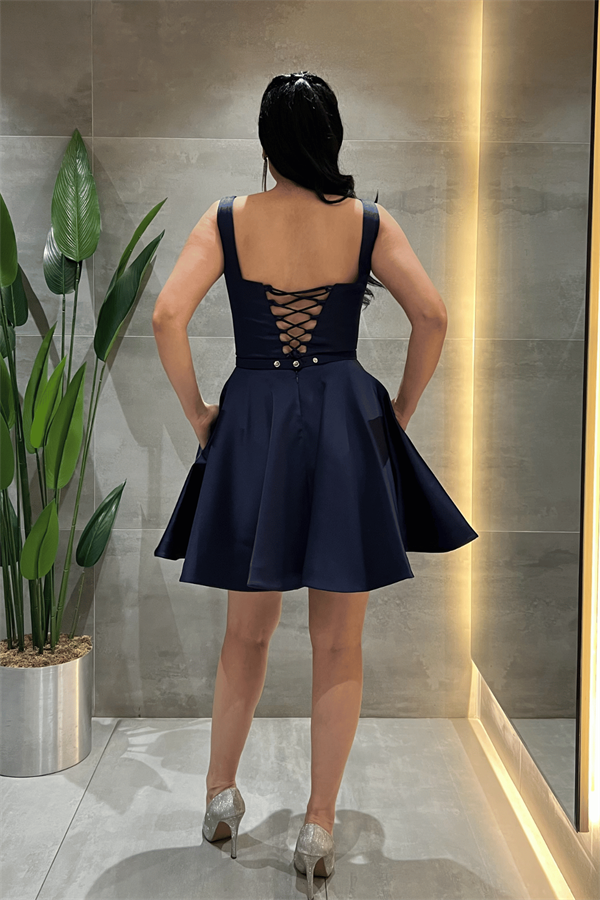 Saten Kumaş Sırtı İpli Mini Elbise - LACİVERT