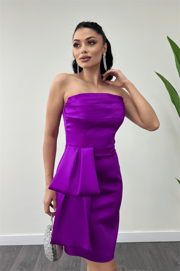 Saten Kumaş Straplez Mini Elbise - FUŞYA