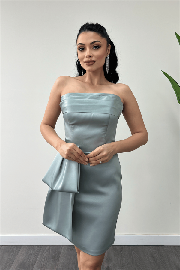 Saten Kumaş Straplez Mini Elbise - MİNT YEŞİLİ