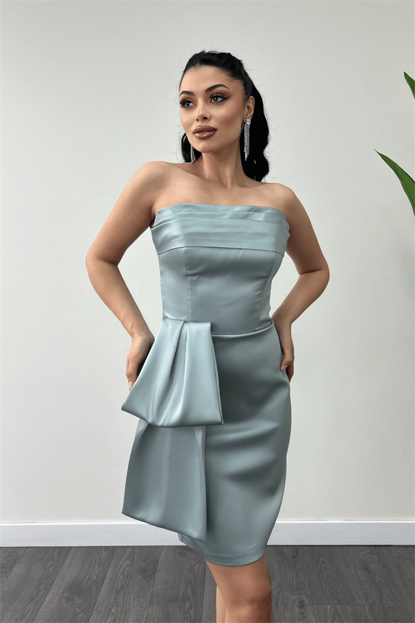 Saten Kumaş Straplez Mini Elbise - MİNT YEŞİLİ