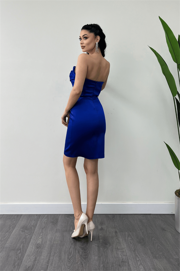 Saten Kumaş Straplez Mini Elbise - SAKS MAVİ