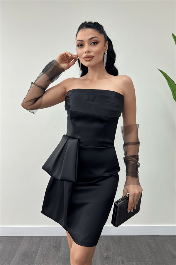 Saten Kumaş Straplez Mini Elbise - SİYAH