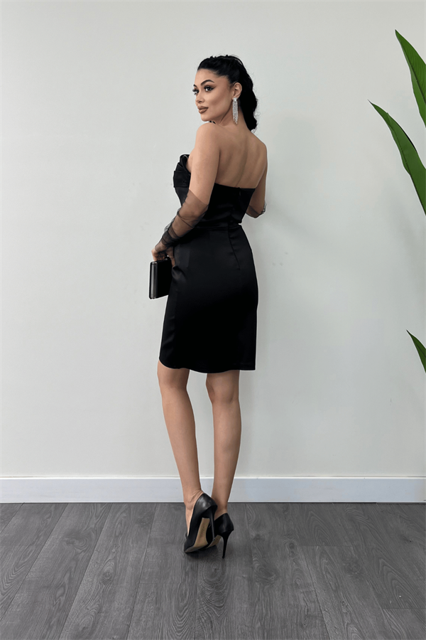 Saten Kumaş Straplez Mini Elbise - SİYAH