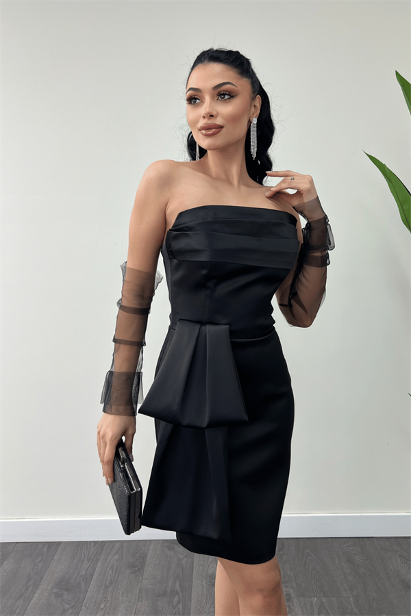 Saten Kumaş Straplez Mini Elbise - SİYAH