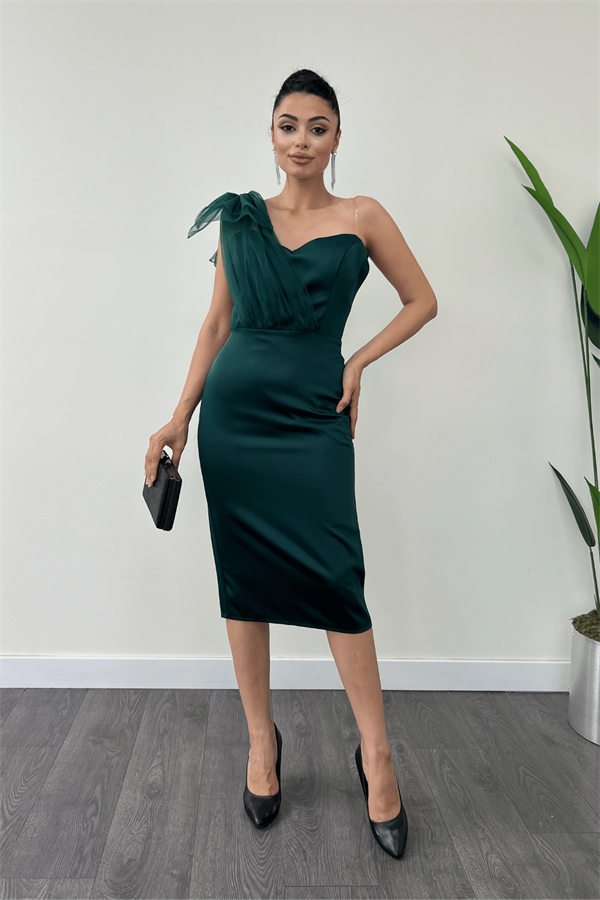 Saten Kumaş Straplez Tül Detaylı Kalem Elbise - ZÜMRÜT YEŞİL