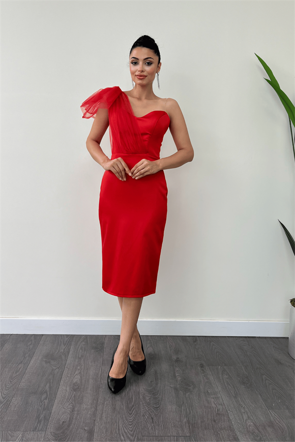 Saten Kumaş Straplez Tül Detaylı Kalem Elbise - KIRMIZI