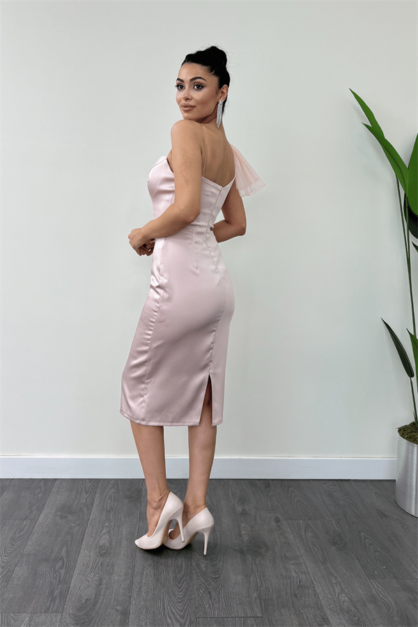 Saten Kumaş Straplez Tül Detaylı Kalem Elbise - PUDRA
