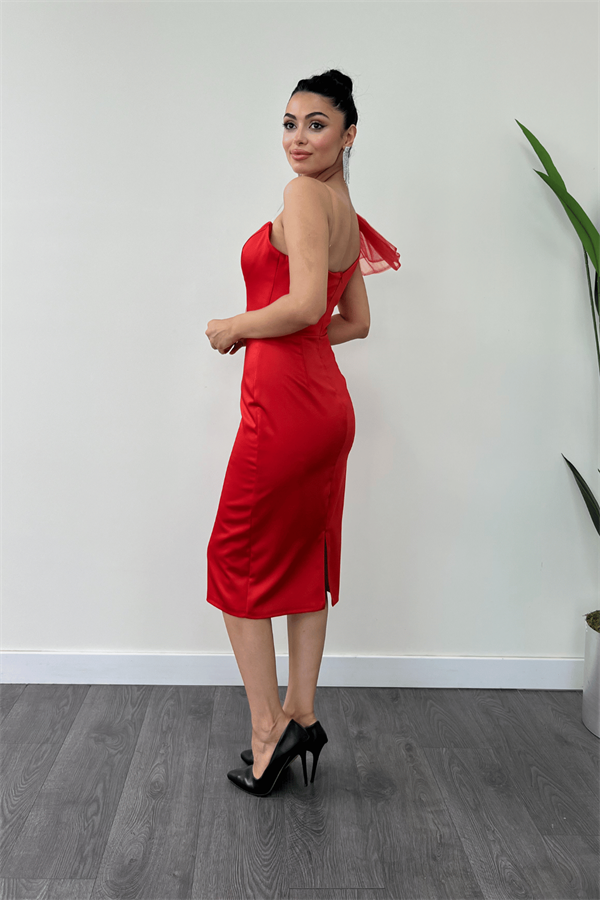 Saten Kumaş Straplez Tül Detaylı Kalem Elbise - KIRMIZI