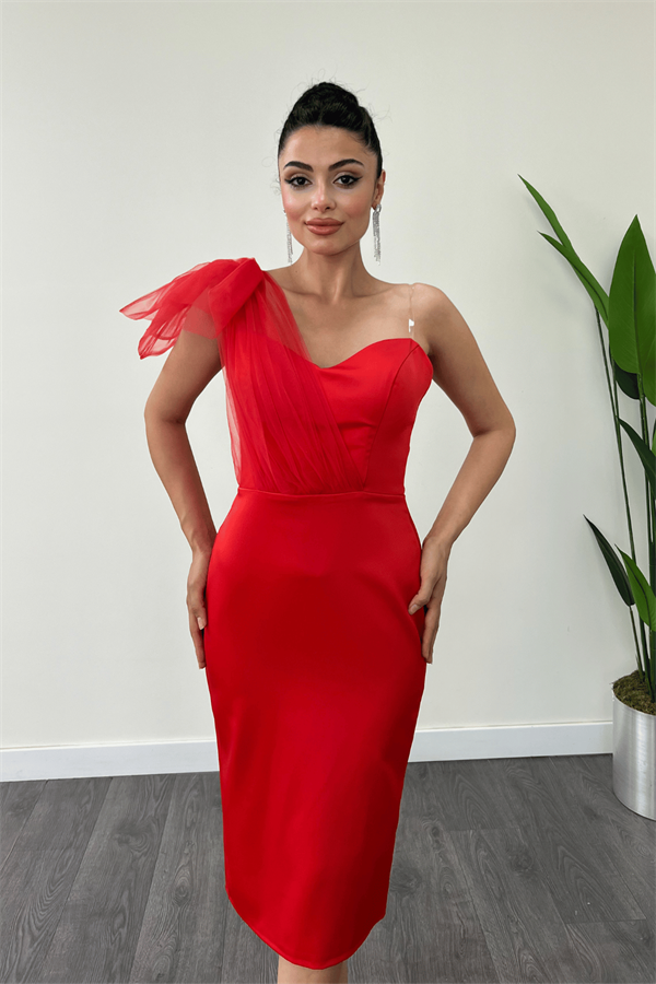 Saten Kumaş Straplez Tül Detaylı Kalem Elbise - KIRMIZI