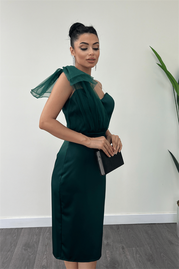Saten Kumaş Straplez Tül Detaylı Kalem Elbise - ZÜMRÜT YEŞİL