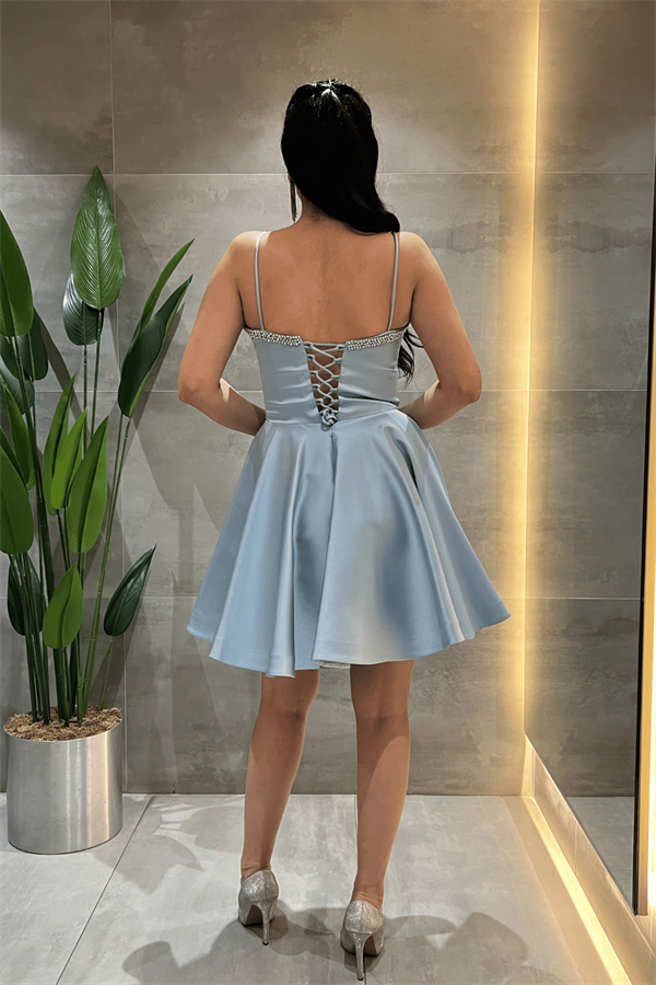 Saten Kumaş Taş Detaylı Mini Elbise - BEBE MAVİSİ