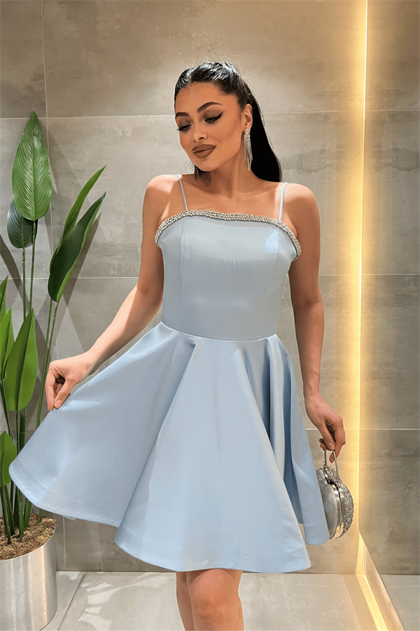 Saten Kumaş Taş Detaylı Mini Elbise - BEBE MAVİSİ