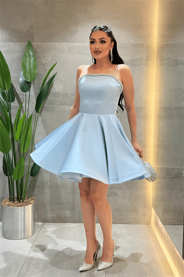 Saten Kumaş Taş Detaylı Mini Elbise - BEBE MAVİSİ
