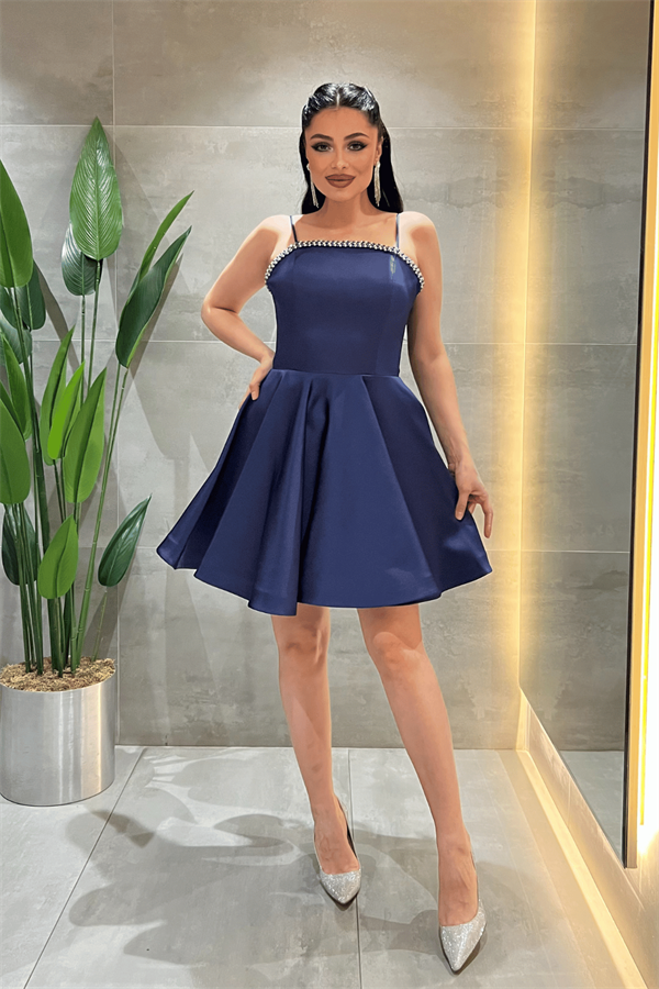 Saten Kumaş Taş Detaylı Mini Elbise - LACİVERT