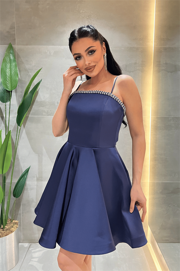 Saten Kumaş Taş Detaylı Mini Elbise - LACİVERT