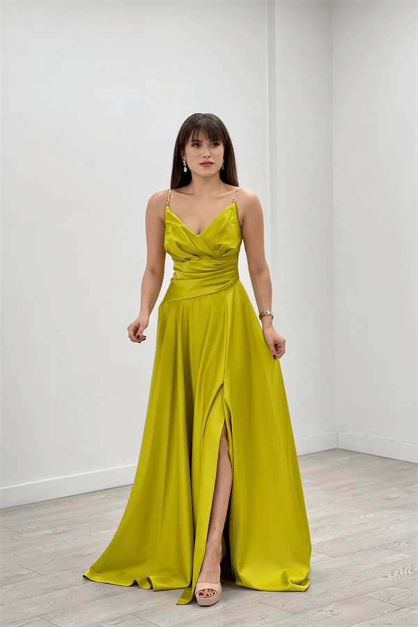 Saten Kumaş Zincir Askılı Abiye Elbise - SARI