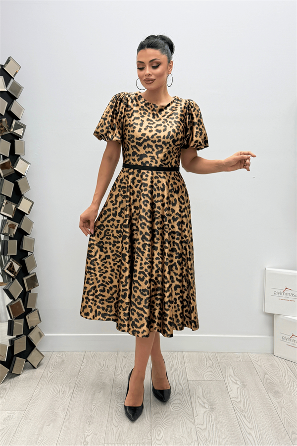 Saten Leopar Kumaş Cepli Midi Elbise - LEOPAR