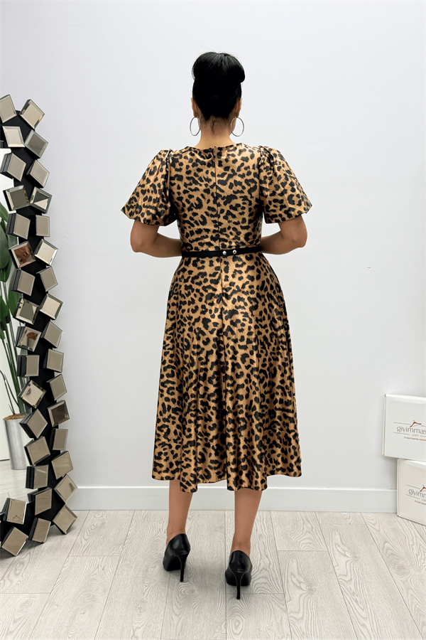 Saten Leopar Kumaş Cepli Midi Elbise - LEOPAR