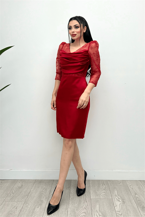 Low-cut Collar Evening Dress - RED