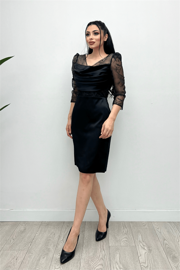 Low-cut Collar Evening Dress - BLACK