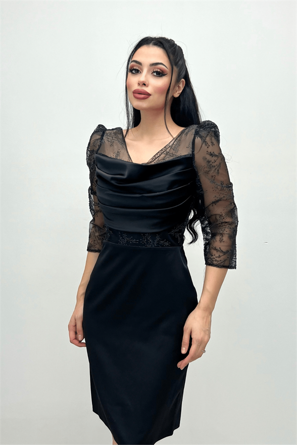 Low-cut Collar Evening Dress - BLACK