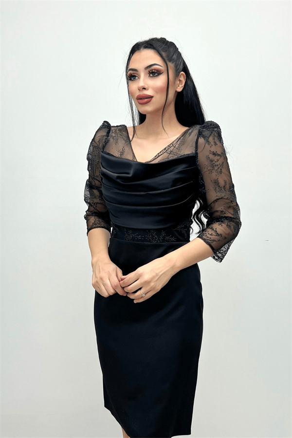 Low-cut Collar Evening Dress - BLACK