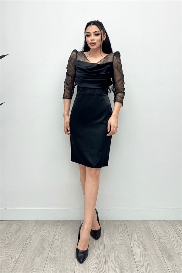 Low-cut Collar Evening Dress - BLACK