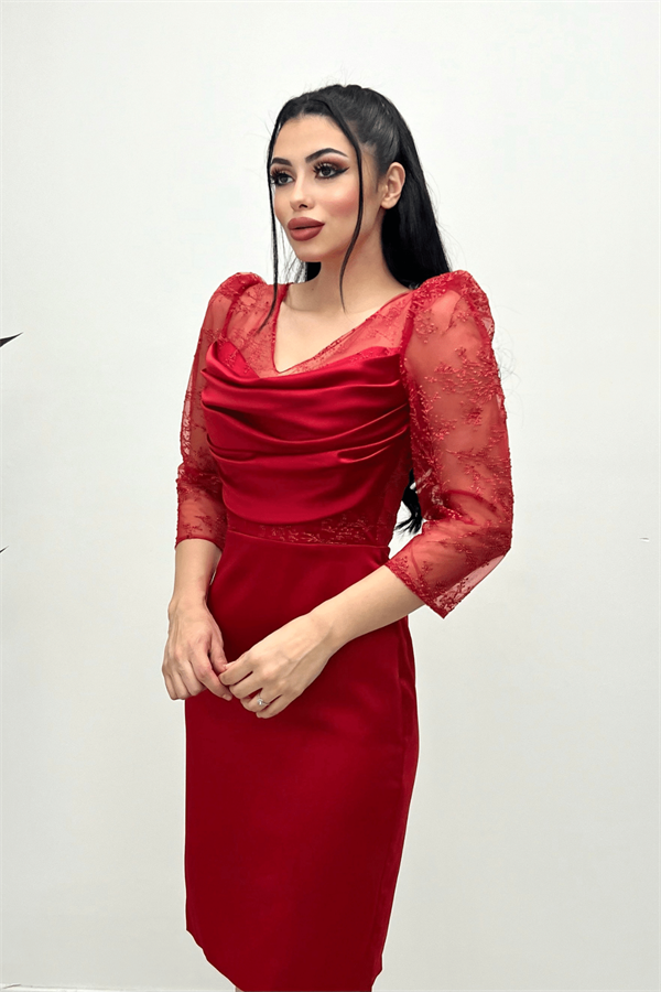 Low-cut Collar Evening Dress - RED