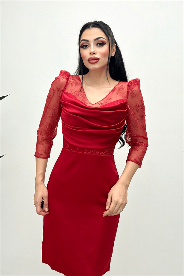 Low-cut Collar Evening Dress - RED