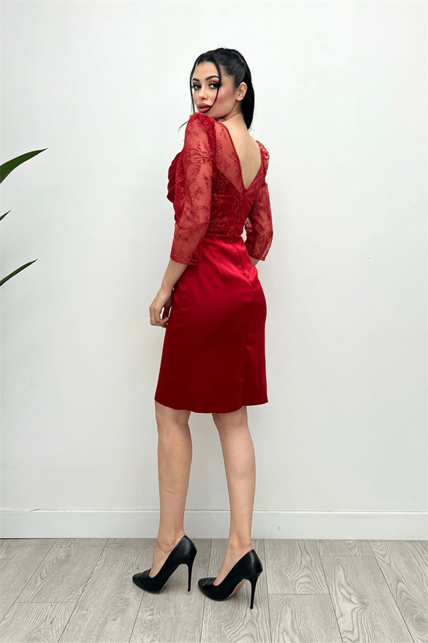 Low-cut Collar Evening Dress - RED
