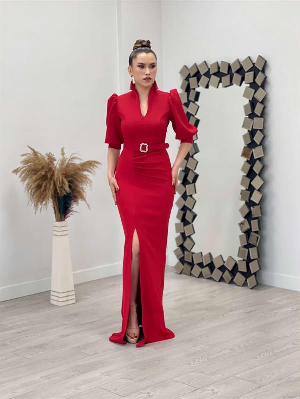 Scuba Fabric Stand Collar Dress - Red