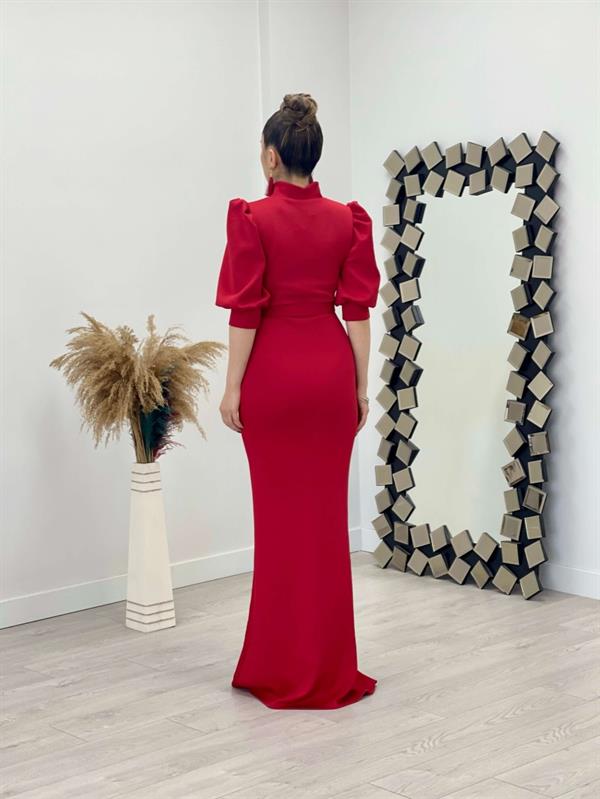 Scuba Fabric Stand Collar Dress - Red