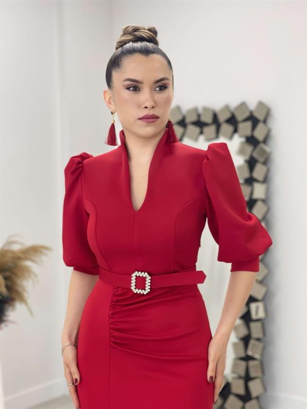 Scuba Fabric Stand Collar Dress - Red