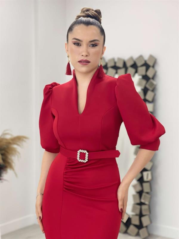 Scuba Fabric Stand Collar Dress - Red