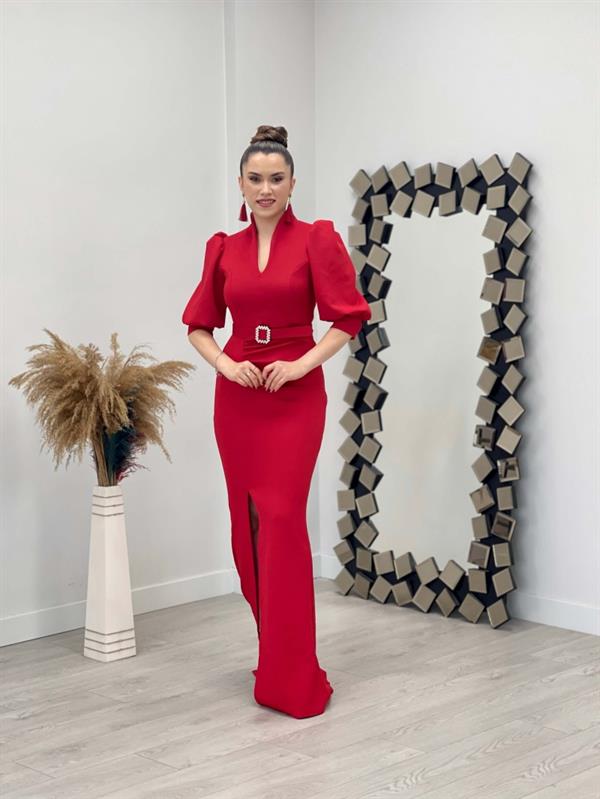 Scuba Fabric Stand Collar Dress - Red