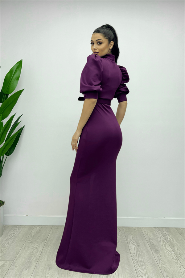 Scuba Fabric Stand Collar Dress - Eggplant Color